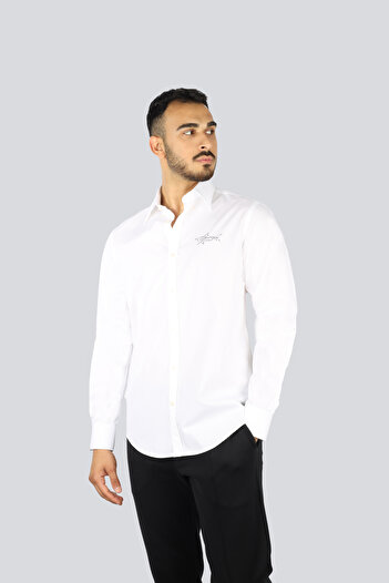 PAUL&SHARK Men's Slim Fit Shark Printed Cotton Long Sleeve White Shirt on the Back 25413517 -010