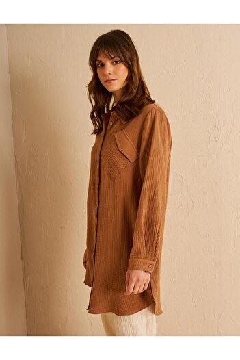 Kayra Shirt Collar Muslin Tunic Tobacco