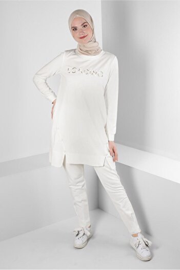 Alvina 43348 Model Text Printed and Button Detailed Tracksuit Tunik