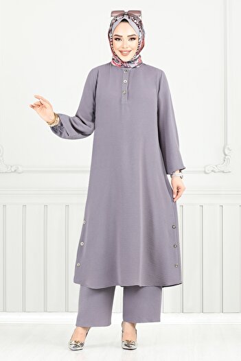 ModaMerve Half Button Hijab Suit 015Mr1077-M Anthracite