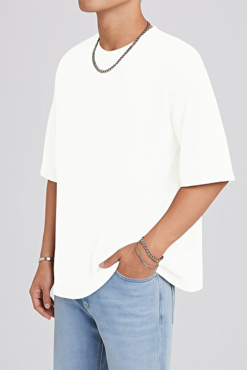 THE RULE Unisex Oversize 100% βαμβακερό φαρδύ κομμένο μαλακό με υφή Basic Crew λαιμόκοψη λευκό μπλουζάκι Rf0506