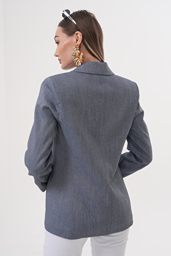 nisya Women's Dark Striped Blue Jacket with Pocket Detail