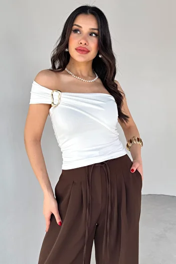 Cappmoda BLZ-06283 Λευκόχρυσο Πόρπη Λεπτομερής Πλαϊνή Μπλούζα Στράπλες
