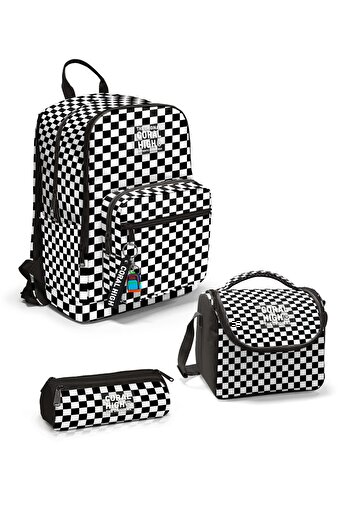 Coral High Black and White Checkerboard Patterned 3-Piece School Bag Set Set0123677