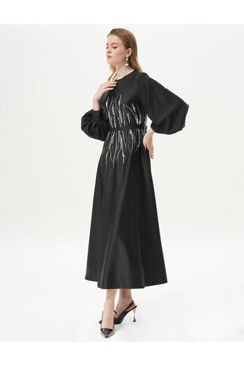 Kayra Black Satin Evening Dress - Stone Embroidered