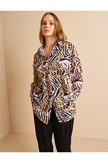 Kayra Dark Black Animal Print Shirt Collar Tunic