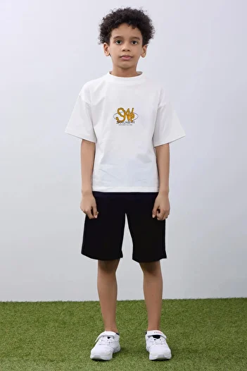 Perendi Oversize Boy's Shorts & T-Shirt Set - Comfortable and Stylish Ecru & Black