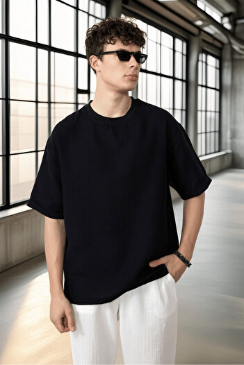 Valiberta Comfortable Fit Muslin Fabric Men's T-Shirt - Black