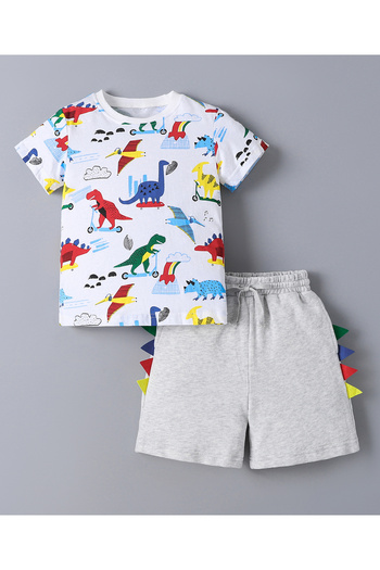 SAPS SAPS 100% Cotton All Over Dinosaur Printed Short Sleeves T-Shirt & Shorts Set - White & Grey