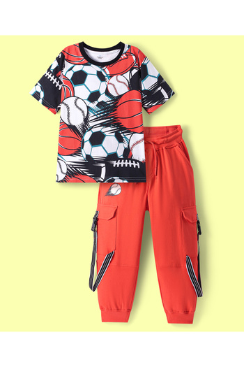 Ollington St. Ollington St. Cotton Knit Half Sleeves T-Shirt with Joggers Set Sports Theme Printed - Red