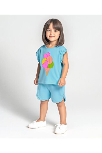 Bonfino Bonfino 100% Cotton Knit Frill Sleeves Top & Shorts Set Ice Cream & Hearts 3D Embroidery-Light Blue