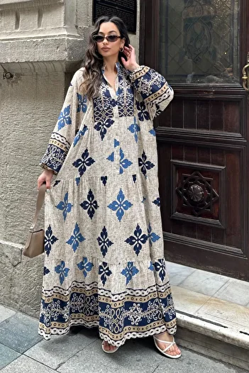 AYASOFYA OTANTIK Rochie lungă largi, cu mâneci cu balon etnic, cu guler cu plăcuță, cu nasturi albastre