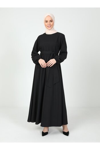 Tavin Hijab Dress with Tie Detail - Black - Tavin