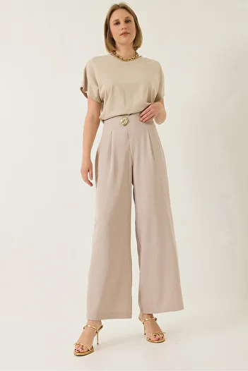 Bianco Lucci Women's High Waist Collar Detailed Accessory Hidden Zipper Loose Classic Trousers 80170 60283198