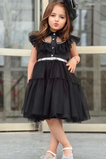Riccotarz Girl Shirt - Collar Stone Embroidered Chest, Ruffled Zero Sleeve Belt Skirt Tulle Black Dress