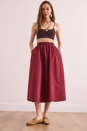Olalook Women's Burgundy Elastic Waist Parachute Bell Skirt Etk- 19000280