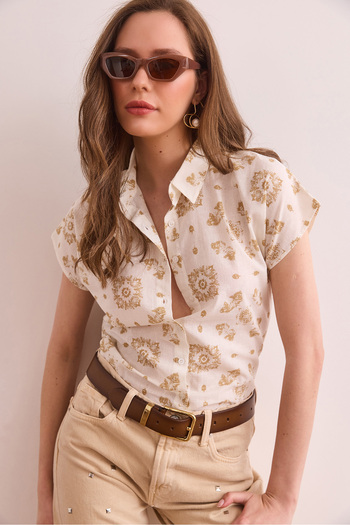 Olalook Women's Motif Beige Flared Linen Bat Shirt Gml- 19001317