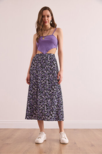 Olalook Women's Black Lilac Elastic Waist Patterned Long Skirt Etk- 19000259