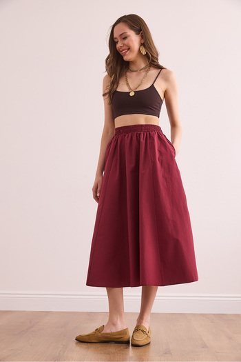 Olalook Women's Burgundy Elastic Waist Parachute Bell Skirt Etk- 19000280