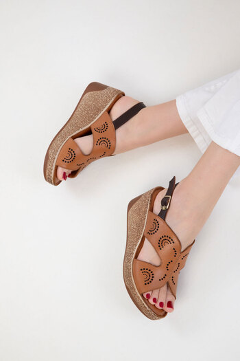 SOHO Tan Genuine Leather Women's Wedge Heeled Shoes 20526