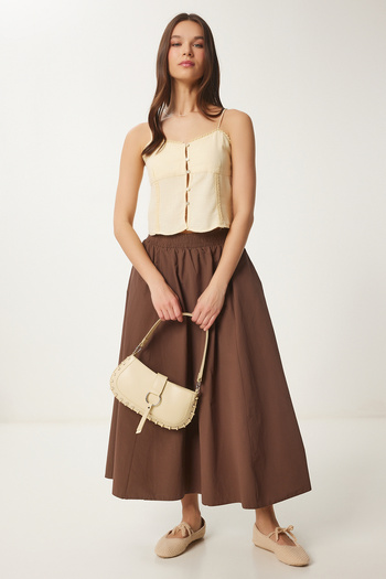 Happiness İstanbul Women's Brown Linen Blended Maxi Skirt Gp00011