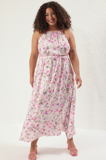 Trendyol Curve Ecru Floral Midi Length Shiny Fabric Woven Plus Size Dress Tbbss25Ah00204