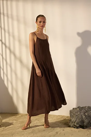 Trendyol Collection Brown 100% Linen Stitching Detailed Maxi Dress Twoss25El00638