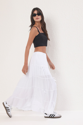 Trendyol Collection White Bow Detail a -Line Flounced Long Maxi Length Half Lined Viscose Woven Skirt Twoss25Et00090