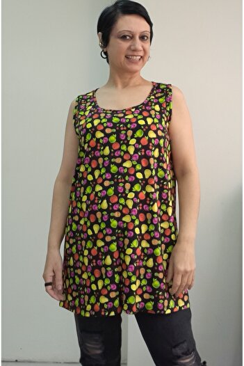 Mertcan Butik Fruit Pattern Thick Strap Hollowed-Out Neck Combed Viscose T-Shirt