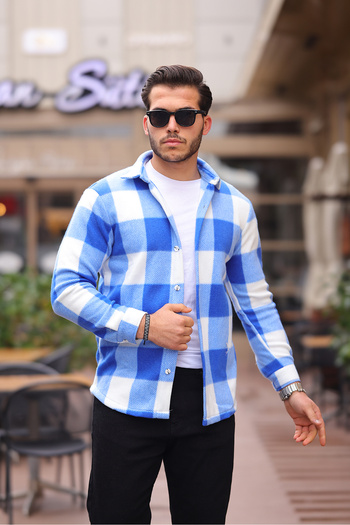 comstar Men's Winter Basic Fleece Oversize Blue Lumberjack Shirt