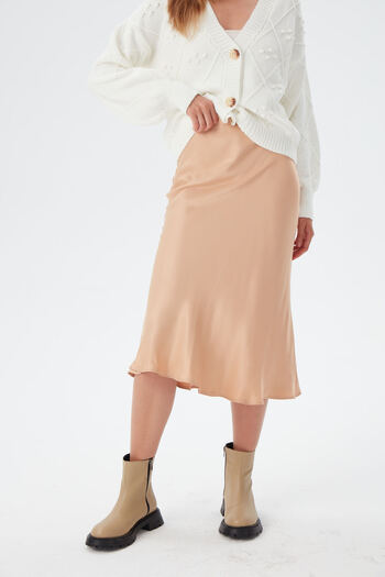Park Karon Women's Camel Elastic Waist Fish Satin Skirt