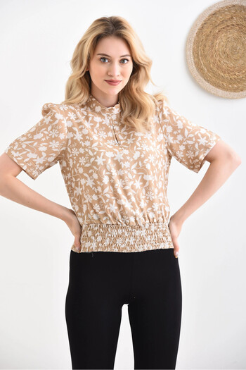 Park Karon Patterned Elastic Short Sleeve Blouse