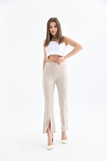 Park Karon Women's Side Gathered Leg Slit Fabric Trousers