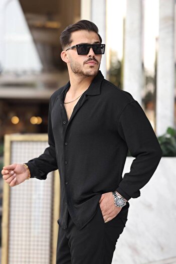 Tex Republic Ανδρικό μαύρο πουκάμισο με υφή Oversize Casual Cut