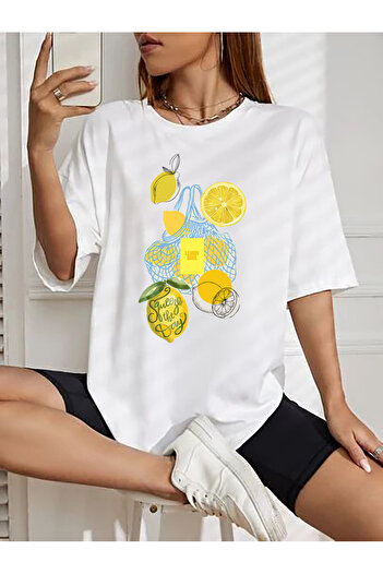 SUNFREE Popular Trend Lemon Printed Loose Fit White Women's Tshirt