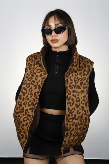 PİNK Women's Leopard Turtleneck Puffer Vest Ci00040