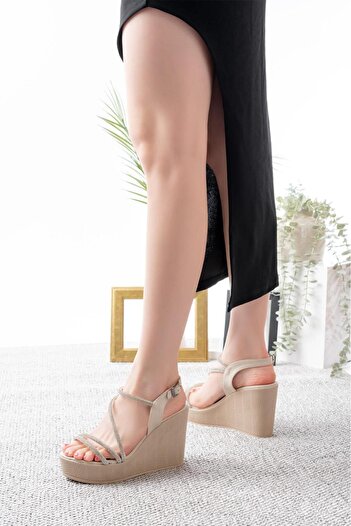Weynes Women's Cream 10 cm Wedge Heel Wrap Stone Sandals Wsb3024