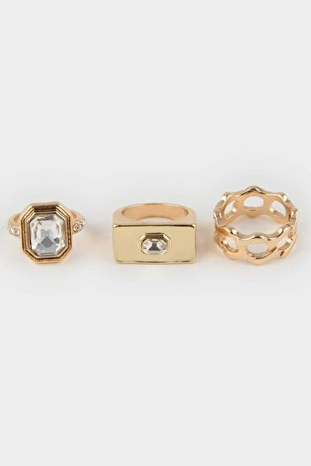 DeFacto Women's Stone 3-Piece Gold Ring E9093Axns