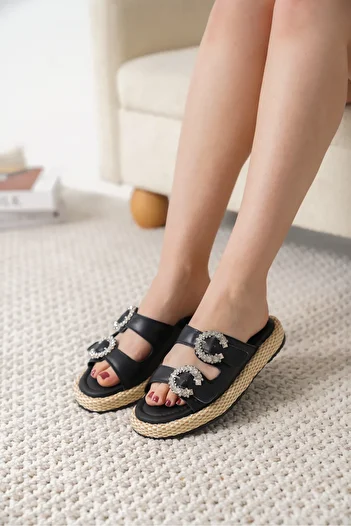 Cananın Pabuçları Kcl-01 Genuine Leather Straw Sole Stone Buckle Slippers