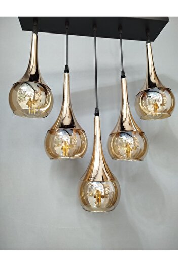 ZM AYDINLATMA 5 Lİ METAL SARI CAMLI MODERN AVİZE