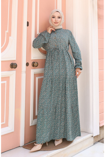 sefamerve Viscose Fabric Half Button Patterned Dress 0043-03 Green