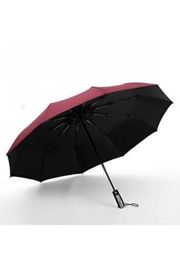 Choice Burgundy Automatic Folding Vinyl Umbrella, Ten-Bone Umbrella Is Strong, Windproof and Rainproof, Lar