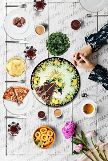 Sunum360 İtalyan Limon Desenli, Dönen Standlı Lüx Servis Sunum Tabağı, Dönen Pasta ve Peynir Tabağı Standı