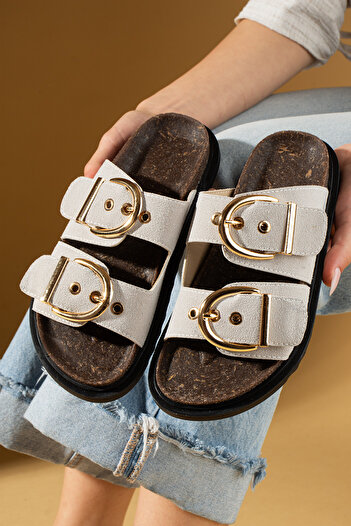 Pembe Potin Beige Suede Women's Orthopedic Sole Slippers Double Banded Buckle Daily Comfortable Slippers