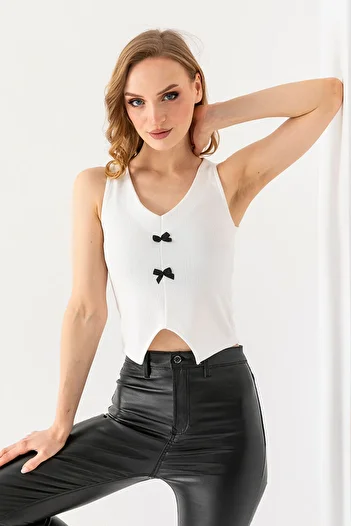 GİYSA Women's V-Neck Bow Detailed Textured Vest White - 25525