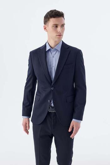 Jakamen Синій Slim Fit Mono Yaka Подвійний розріз піджак