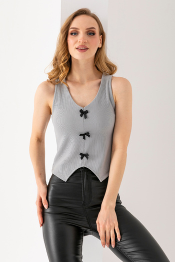 GİYSA Women's V-Neck Bow Detailed Textured Vest Gray - 25525
