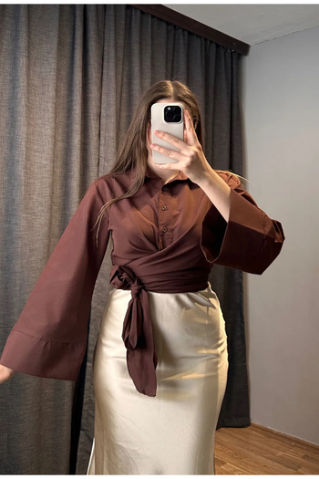 nura Women's Trend New Season Front Tie Wide Sleeve Shirt Blouse Suitable for Hijab