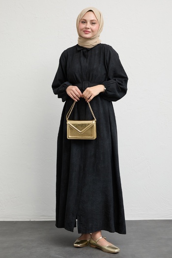 InStyle Shirt Collar Belted Plain Black Dress