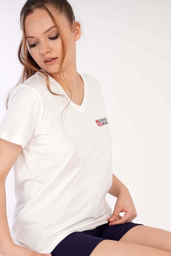 VİENETTA Set de pijamale cu mânecă scurtă, alb, cu 3 fire, cu decolteu în V, pentru femei, cu pantaloni scurți, 3010070000